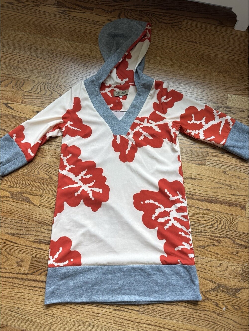 Karen Zambos Anthropologie Hooded Silk dress with knit accents Red/White/Gray S